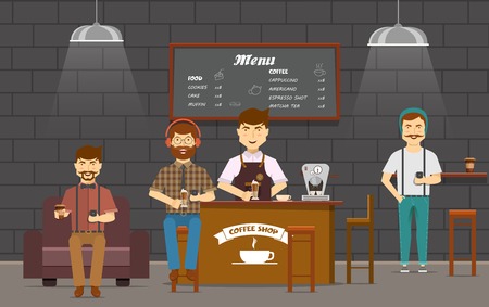 Colorful composition with friends hipsters flat cartoon characters in coffee shop chatting on smartphones gadgets vector illustrationのイラスト素材