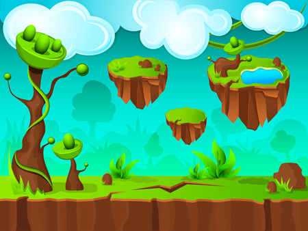 Green land game layer design with clouds and hanging islands in sky fantastic trees vector illustrationのイラスト素材
