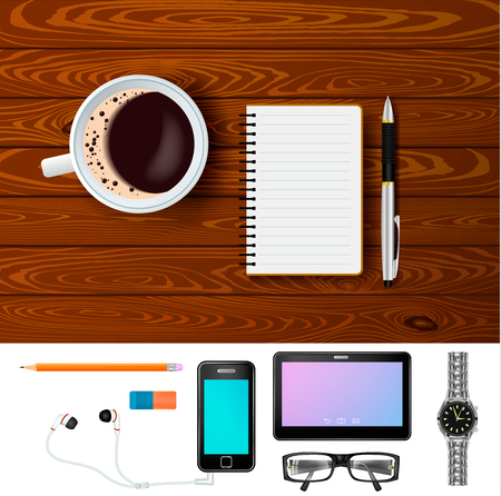 Composition with top view coffee cup notepad and pen isolated images on dark wood with extra accessories on blank background vector illustrationのイラスト素材