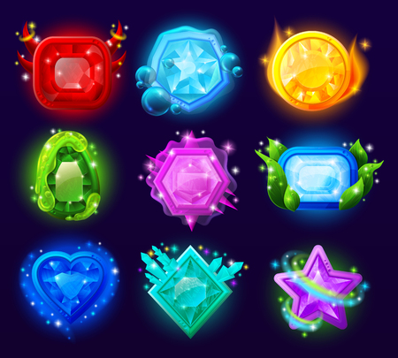 Computer game magic gems set with different effects on black background isolated vector illustrationのイラスト素材