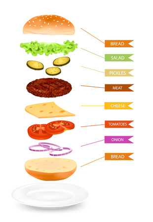 Vertical image of hamburger on plate separated into isolated colorful layers of ingredients with editable captions vector illustrationのイラスト素材