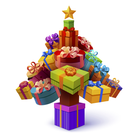 Christmas tree of gift boxes composition with yellow star and decorative packages of different shape vector illustrationのイラスト素材