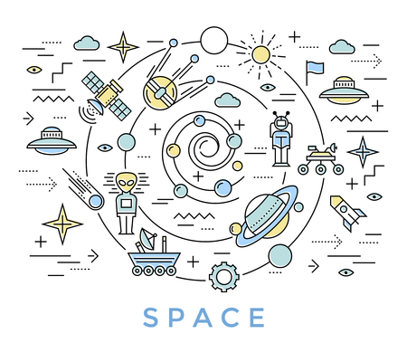 Space line art with big swirl on which satellites and flying objects are moving in the universe vector illustrationのイラスト素材