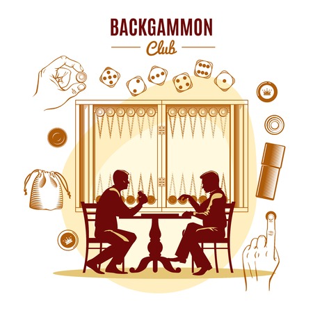Backgammon club vintage style design with dice chips silhouettes of men on game board background vector illustrationのイラスト素材