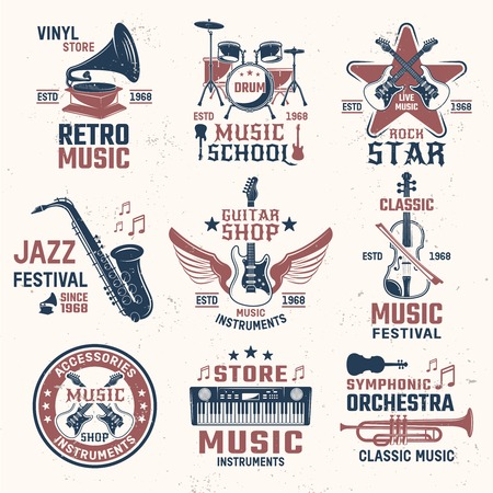 Music retro style emblems with modern and classic instruments on light textured background isolated vector illustrationのイラスト素材
