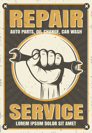 Repair service retro style poster with spanner in hand on white circle on worn background vector illustrationのイラスト素材