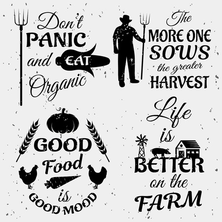 Farm quotes monochrome set with typographic sayings animals and vegetables on white textured background isolated vector illustrationのイラスト素材
