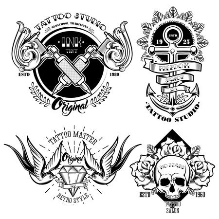 Tattoo studio monochrome emblems set with professional equipment flowers and leaves anchor skull swallows isolated vector illustrationのイラスト素材