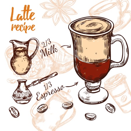Colored sketch coffee recipe with latte recipe parts of espresso and milk vector illustrationのイラスト素材