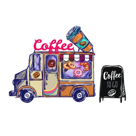 Colored coffee shop outdoor composition with coffee truck and coffee to go on black board vector illustrationのイラスト素材