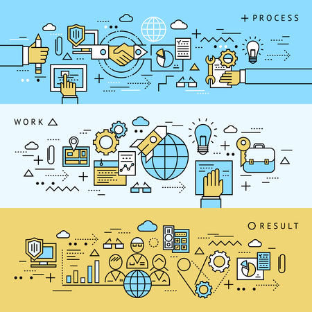 Three isolated horizontal assembly banner set with process work and result descriptions vector illustrationのイラスト素材