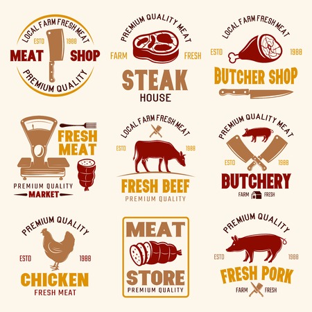 Meat store retro style emblems with scales and knives farm products livestock and poultry isolated vector illustrationのイラスト素材