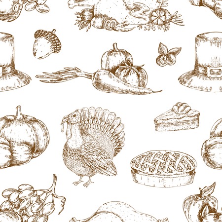 Thanksgiving day hand drawn seamless pattern with turkey hat and acorn pumpkin pie and vegetables vector illustrationのイラスト素材