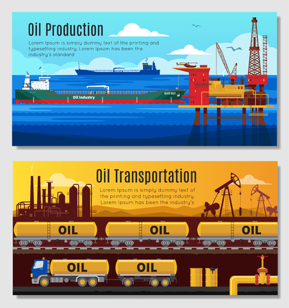 Oil industry horizontal banners with petroleum extraction and refining  railway and truck transportation  isolated vector illustrationのイラスト素材