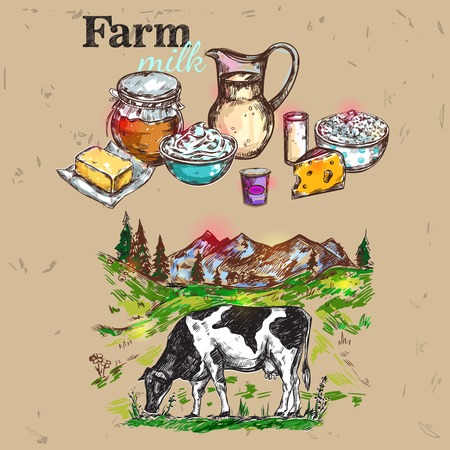 Farm products colored drawn composition with landscapes cows pasture and dairy products vector illustrationのイラスト素材