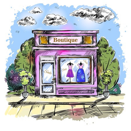 Market clothing boutique outdoor composition with landmark and women clothing boutique vector illustrationのイラスト素材