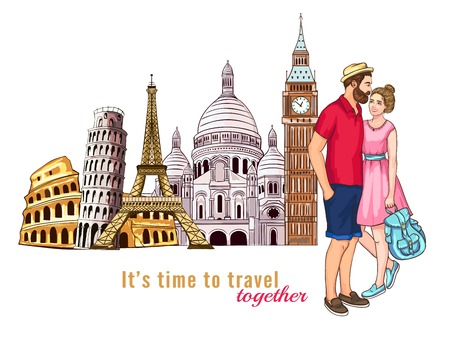 Colored europe travel tour characters composition with couple in love in the foreground illustrationのイラスト素材