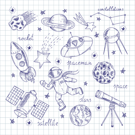 Set of isolated hand drawn doodles with astronaut spaceships stations and planets decorative images flat illustrationのイラスト素材