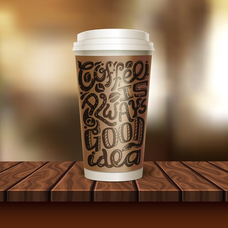 Realistic coffee to go cup composition with paper cup of coffee on the wooden table illustrationのイラスト素材
