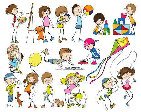 Flat isolated images of children with different toys drawn in cartoon childish style on blank background illustrationのイラスト素材