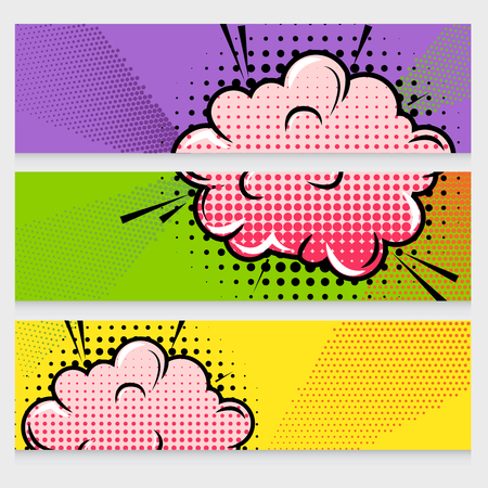 Comic sound effects banners set with dot pattern clouds and rays on textured background isolated illustrationのイラスト素材