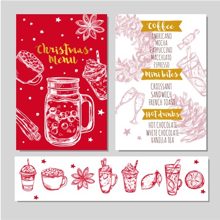 Winter drinks menu in red color with coffee mini bites hot drinks headlines illustrationのイラスト素材
