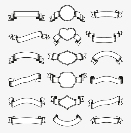 Set of blank monochrome ribbon banners with contour of labels of various shape isolated illustrationのイラスト素材