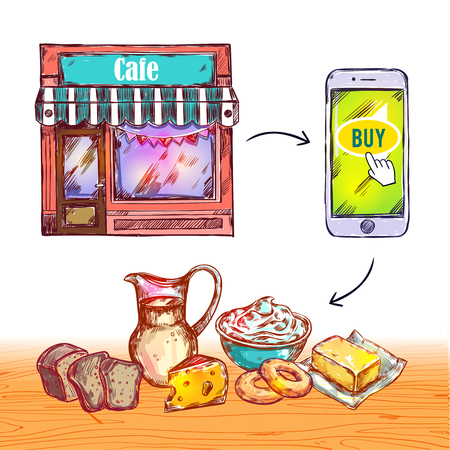 Colored online order food shop composition with set of product that are delivered illustrationのイラスト素材