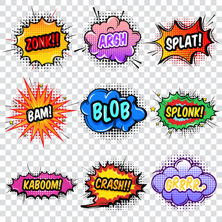 Comic noise effects set with colorful speech bubbles on transparent background popart style isolated illustrationのイラスト素材