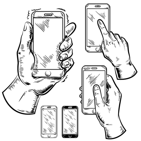 Smartphones and male hands graphic set with black and white mobile devices isolated illustrationのイラスト素材