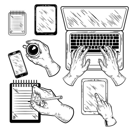 Graphic workplace with male hands top view set with paper notebook laptop and gadgets isolated illustrationのイラスト素材