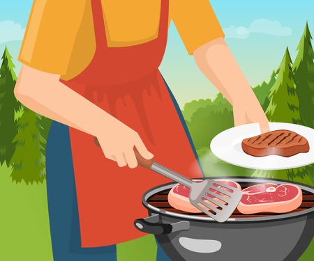 Bbq outdoor conceptual background with forest landscape barbecue grill and human with turner cooking meat flat illustrationのイラスト素材