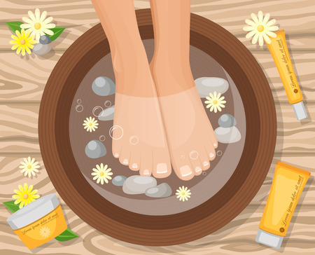 Feet vitamin care cream colorful cartoon style composition with beautiful female legs in basin on wooden table illustrationのイラスト素材
