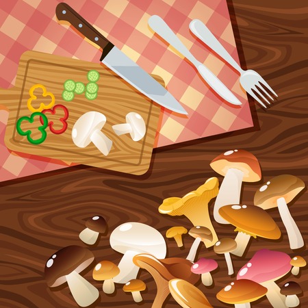 Wild ripe mushroom set over wooden table background composition with salad elements on cutting board kitchenware vector illustrationの写真素材