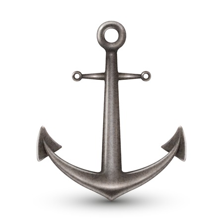 Single realistic shiny steel anchor with rings and shadow on white background isolated illustrationのイラスト素材