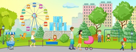City park colored concept with place to walk forest and homes nearby illustrationのイラスト素材