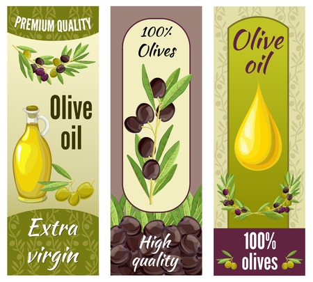 Three vertical isolated olive banner set with premium quality extra virgin olive oil descriptions illustrationのイラスト素材