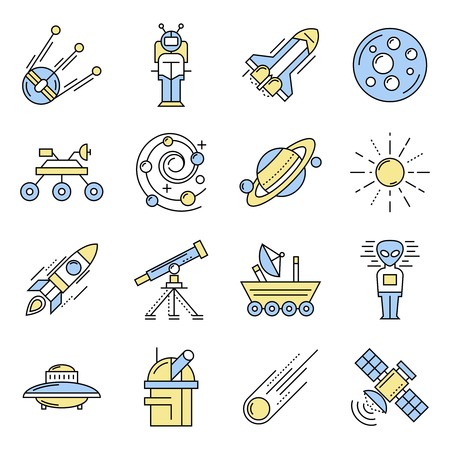 Space icon set in color with blue and yellow colors in linear style illustrationのイラスト素材