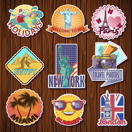 Nine isolated travel sticker designs with city sights statues towers symbols on a wooden table background illustrationのイラスト素材