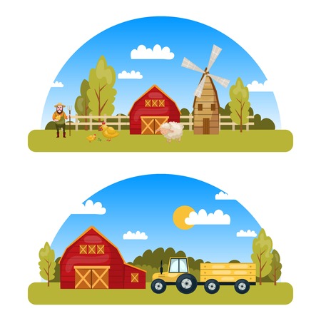 Two colorful farm panorams with country view and cartoon style elements such as tractor mill warehouse illustrationのイラスト素材