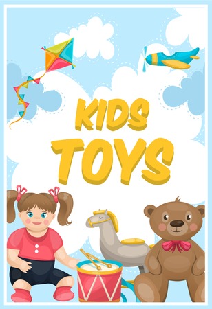 Toy shop colorful poster with kite airplane doll handdrum and teddybear drawn on cartoon sky background vector illustrationのイラスト素材