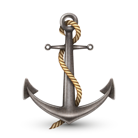 Realistic shiny steel anchor with yellow rope rings and shadow on white background isolated illustrationのイラスト素材