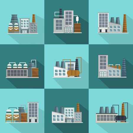 Industrial buildings long shadow flat icons with equipment for processing and manufacturing isolated illustrationのイラスト素材