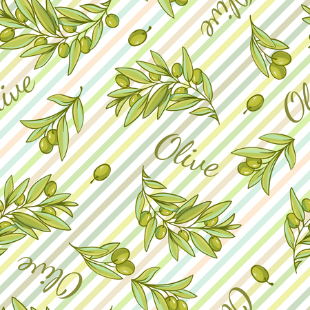 Pattern with stripped background of pantone tones and drawn style olive branches and text flat illustrationのイラスト素材