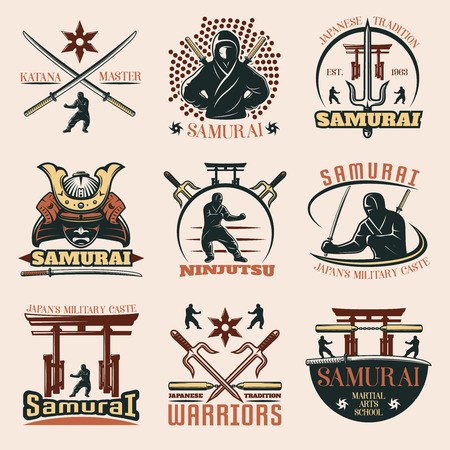 Set of isolated samurai martial emblems with captions and images of weapons torii and warrior symbols illustrationのイラスト素材