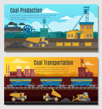 Two mining industry horizontal banners set with coal extracting and transportation conceptual compositions with outdoor scenery  illustrationのイラスト素材