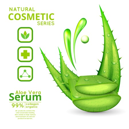 Natural cosmetic series conceptual composition with aloe vera plant slice infographic icons and editable advertising text illustrationのイラスト素材