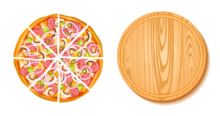 Pieces of pizza and the board composition with two isolated icon set of sliced pizza and round wooden board illustrationのイラスト素材