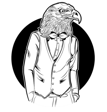 Monochrome eagle man in hipster style clothing with hands in pockets on black circle background illustrationのイラスト素材