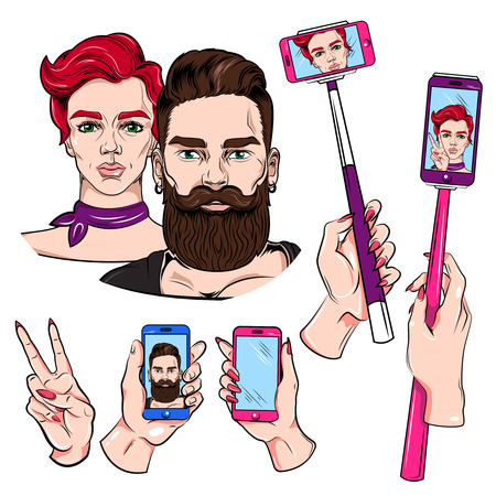 Selfie sketches set with monopod man and woman smartphone in hand victory gesture isolated illustrationのイラスト素材